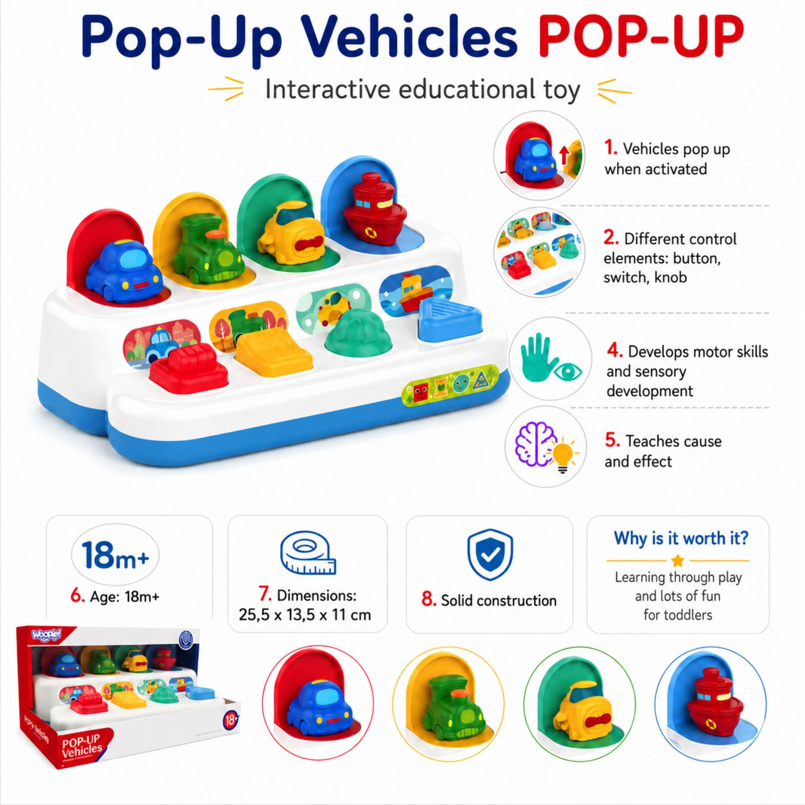 WOOPIE BABY Zabawka Edukacyjna Wyskakujące Pojazdy POP-UP