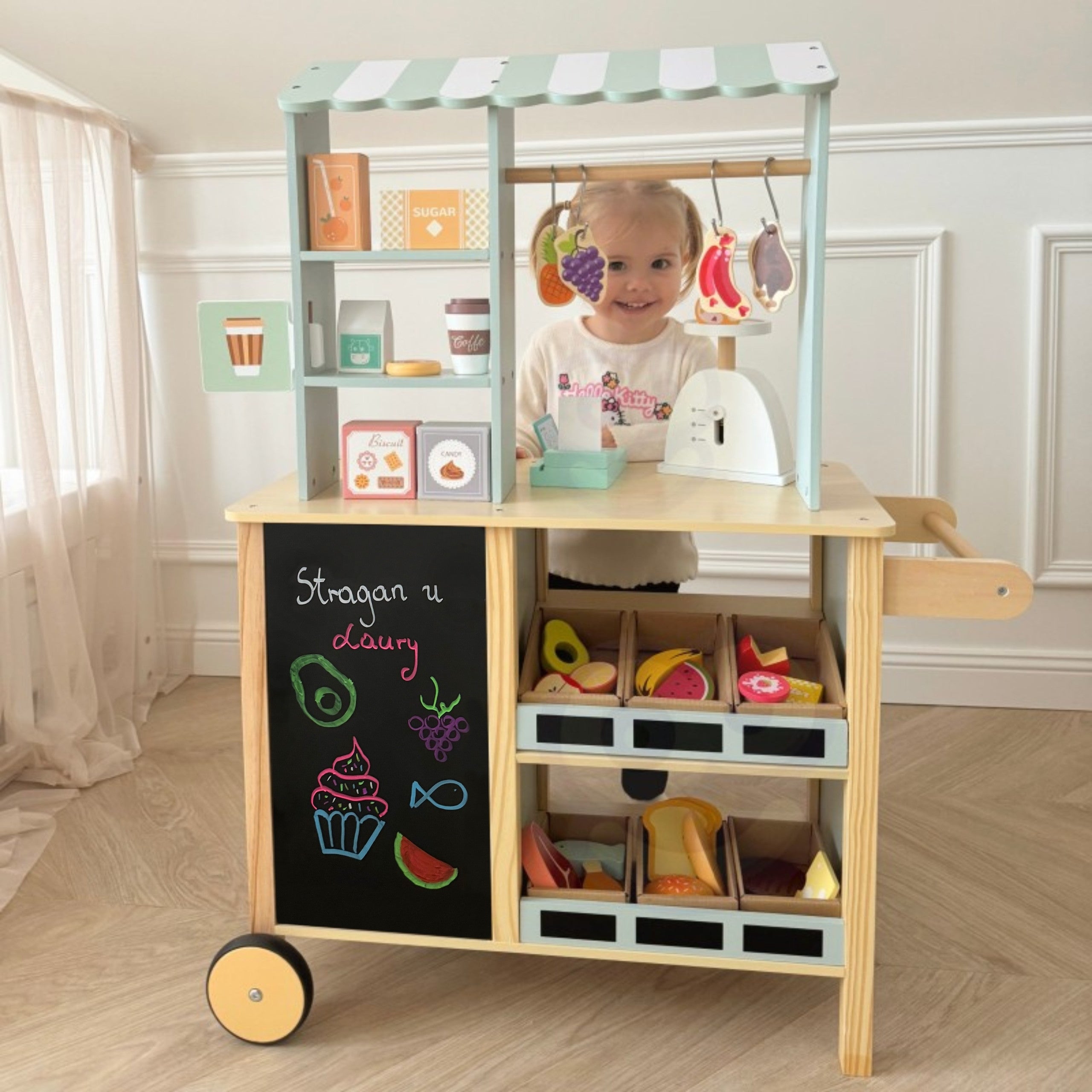 WOOPIE GREEN Duży Wielofunkcyjny Sklepik 5w1 Stragan Supermarket Restauracja Kawiarnia Kuchnia 73 el