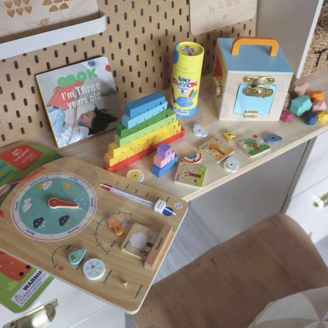 Tooky Toy Edukacyjne Pudełko Montessori Układanka Liczydło Tablica Pogody 6w1 od 3 Lat