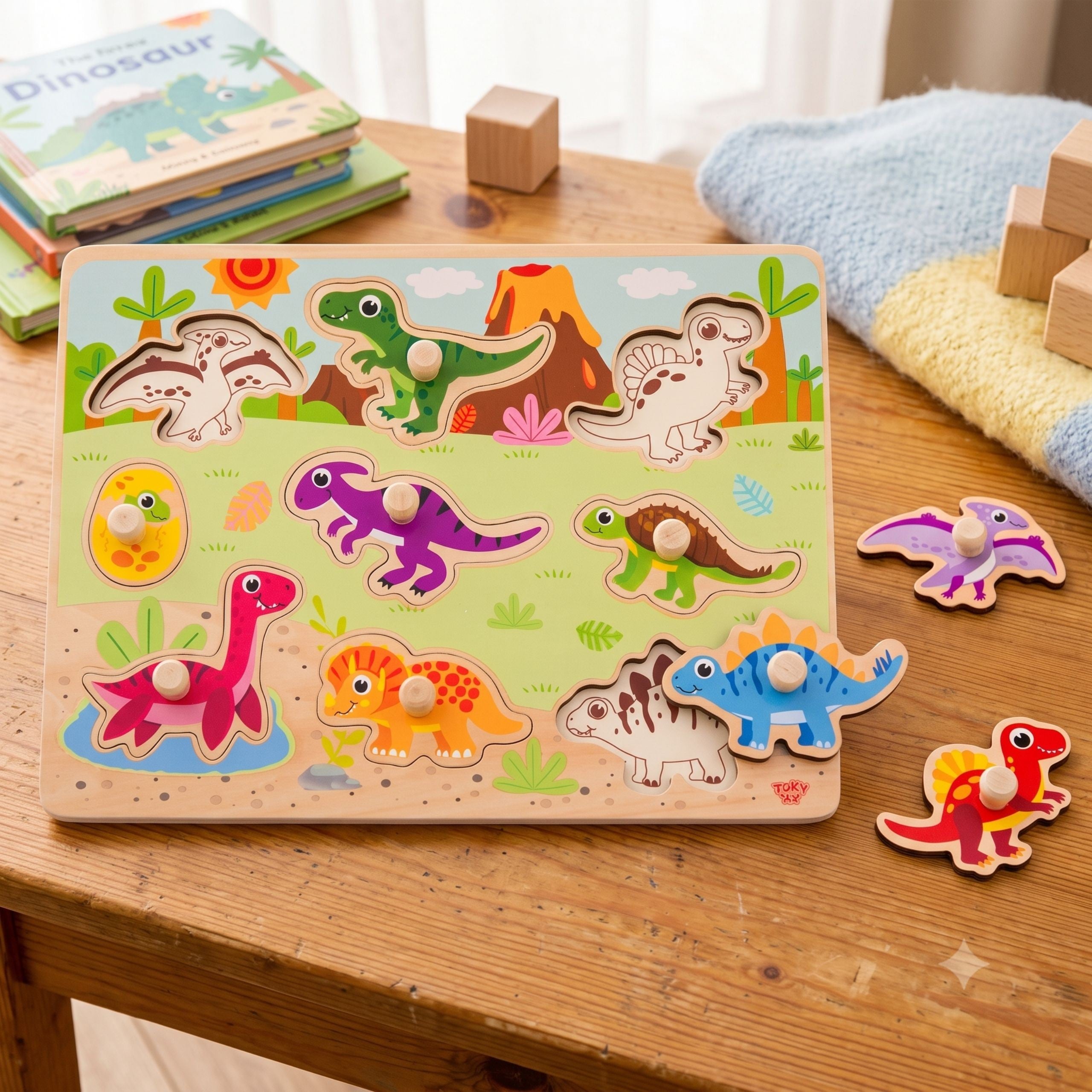 TOOKY TOY Drewniane Puzzle Montessori Układanka Dinozaury Kształty