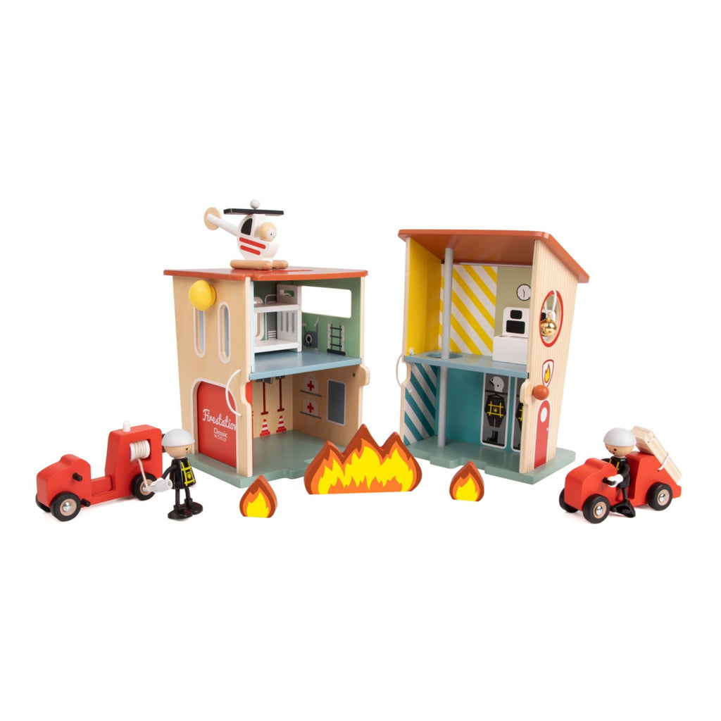CLASSIC WORLD Remiza Strażacka Drewniana Garaż Auto Helikopter Figurki 13el.
