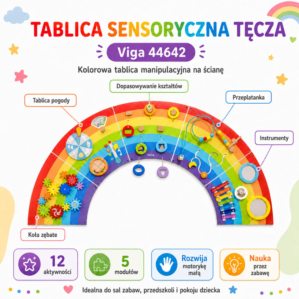VIGA Drewniana Tablica Sensoryczno-Manipulacyjna EDU Tęcza Certyfikat FSC