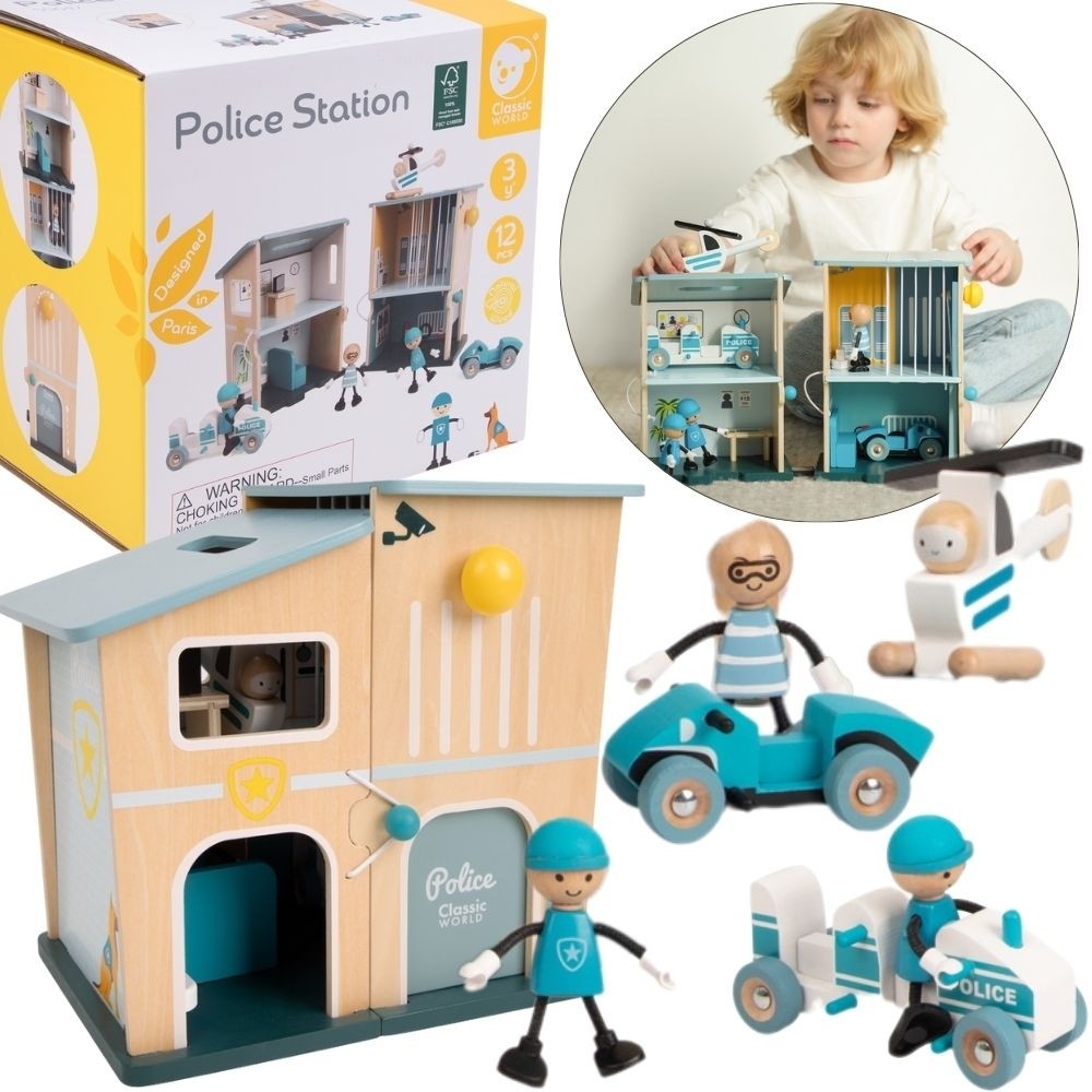 CLASSIC WORLD Posterunek Policji Drewniany Samochód Helikopter FIgurki 12el.