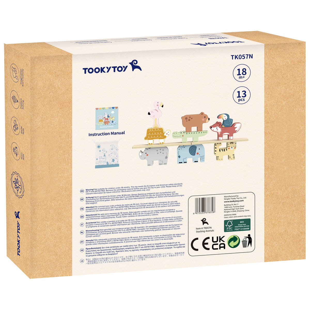 TOOKY TOY Drewniane Klocki Układanka Wieża Stacker Stosy Zwierzątka Montessori 13 el.