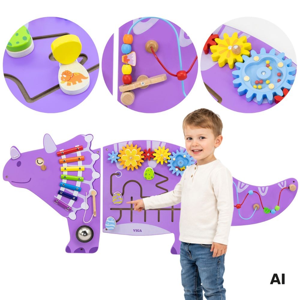 VIGA Drewniana Tablica Sensoryczna-Manipulacyjna EDU Triceratops