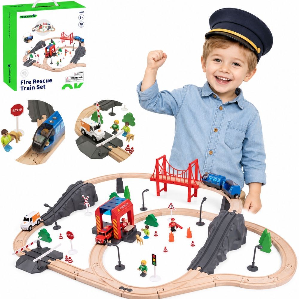 Tooky Toy Drewniana Kolejka Elektryczna Straż Pożarna Efekty Dźwiękowe 70 el. FSC