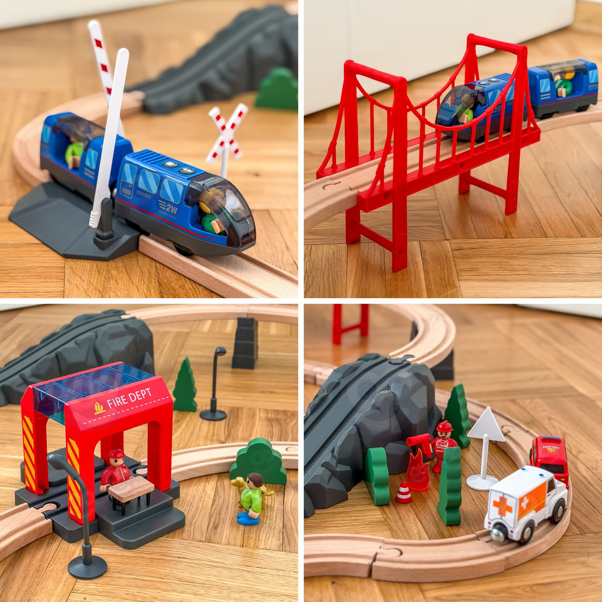 Tooky Toy Drewniana Kolejka Elektryczna Straż Pożarna Efekty Dźwiękowe 70 el. FSC