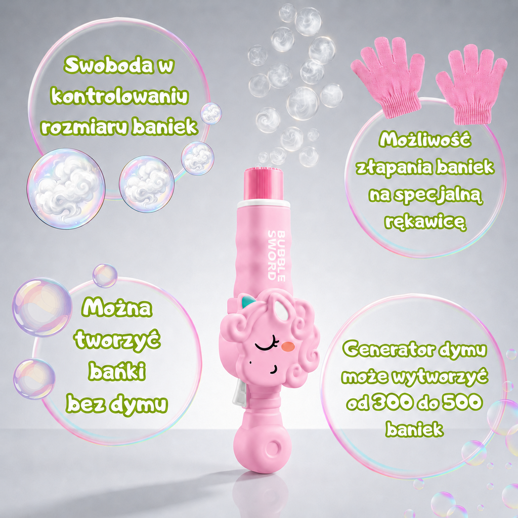 WOOPIE Magiczny Pistolet Na Bańki z Dymem Maszynka Do Baniek Jednorożec