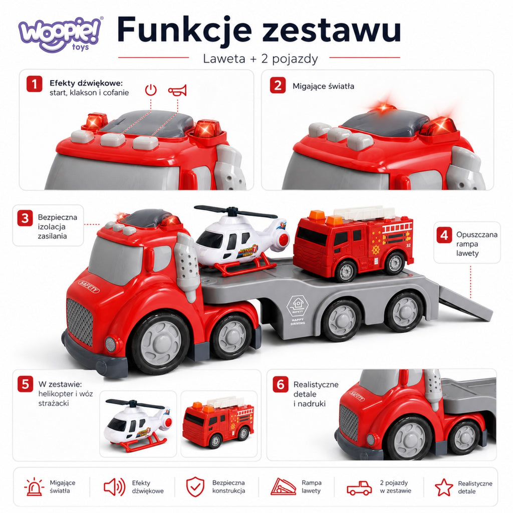 WOOPIE Czerwona Laweta Straży Pożarnej City Truck Efekty Dźwiękowe i Świetlne