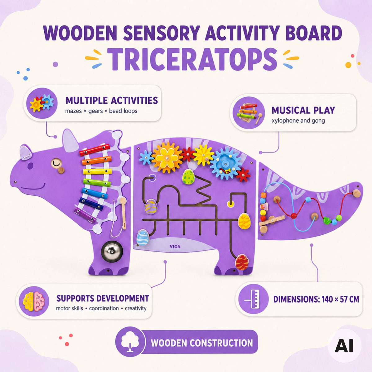 VIGA Drewniana Tablica Sensoryczna-Manipulacyjna EDU Triceratops