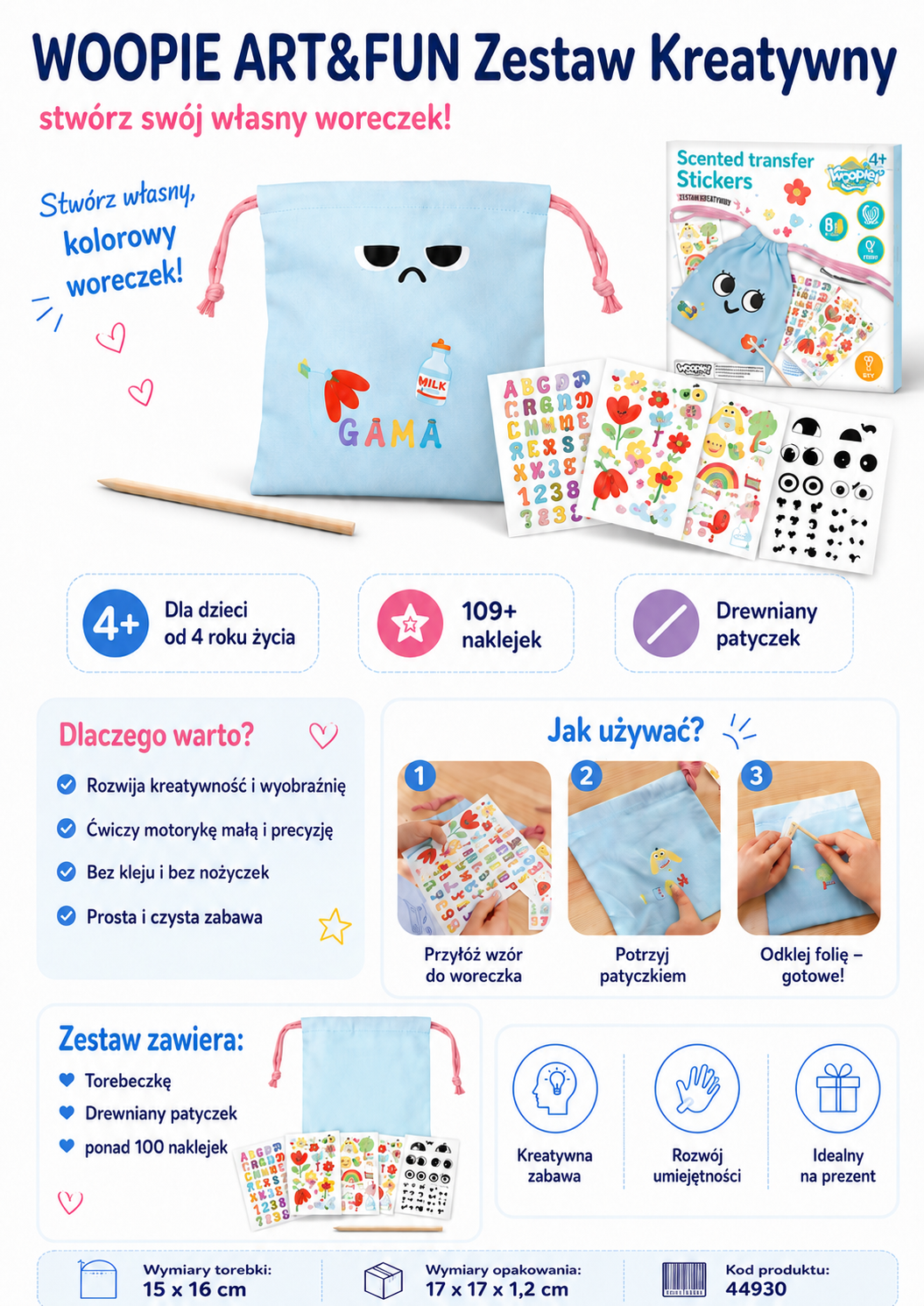 WOOPIE ART&FUN Zestaw Kreatywny Zrób Torebkę Dekorowanie Woreczka Imię Dziecka DIY