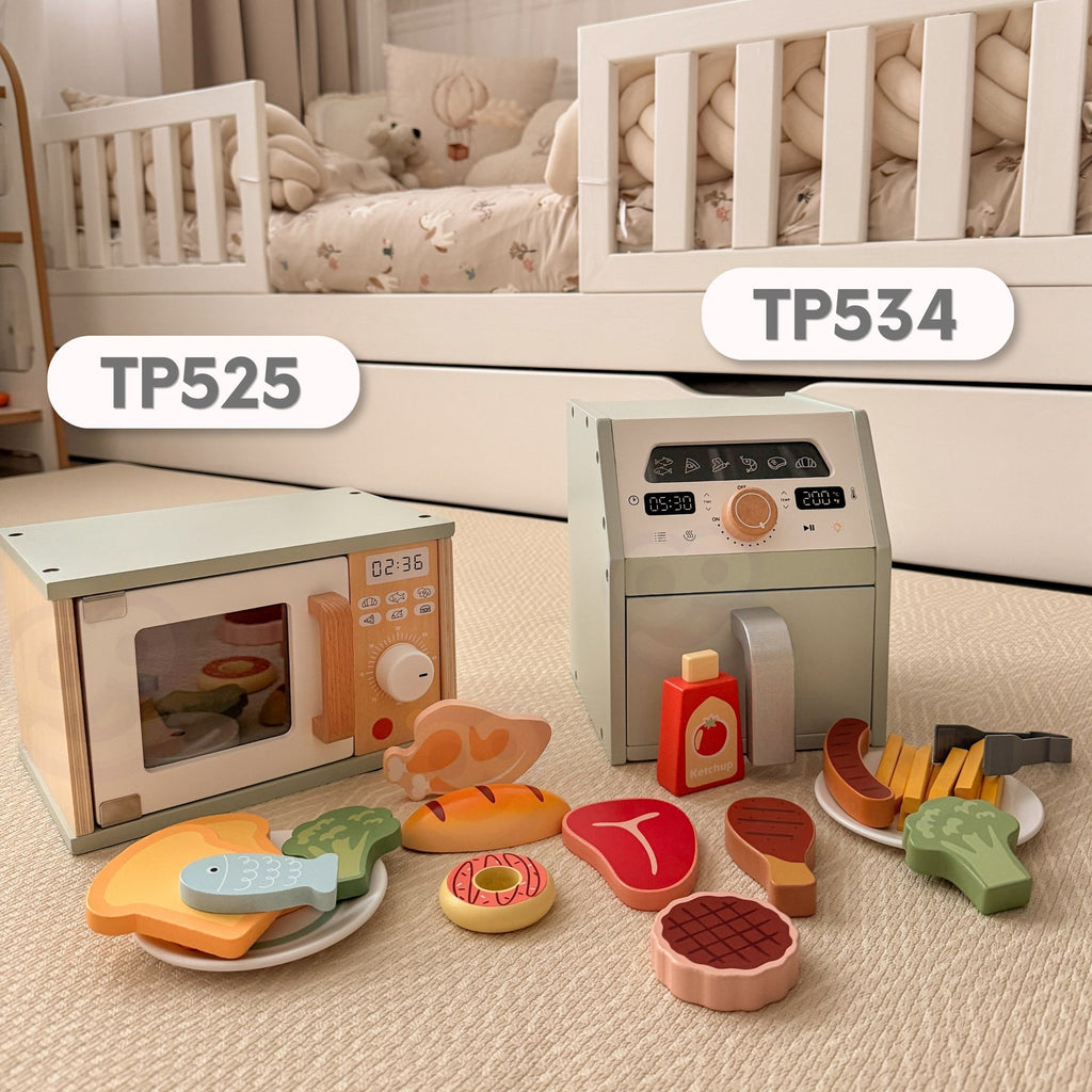 TOOKY TOY Drewniana Kuchenka Mikrofalowa Zestaw Produktów Spożywczych