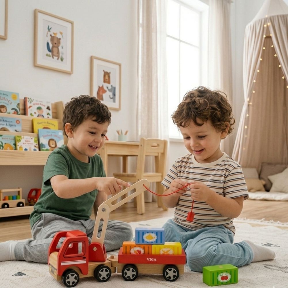 VIGA Drewniany Dźwig Samochód Ciężarówka z Kontenerami Magnes Montessori 18 m+