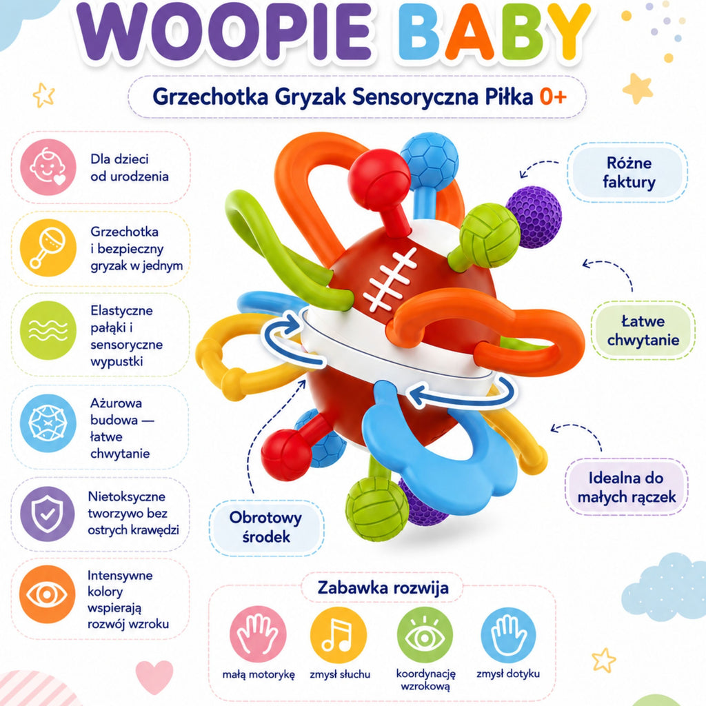 WOOPIE BABY Grzechotka Gryzak Sensoryczny Piłka dla Niemowląt Edukacyjna 0+ Miękka