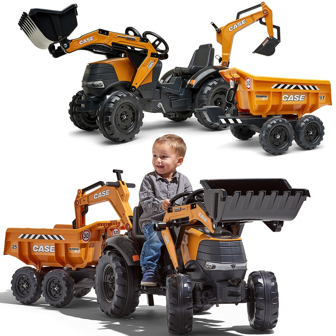 FALK Traktor Case IH Backhoe Pomarańczowy z Przyczepką Ruchoma Łyżka od 3-7 Lat