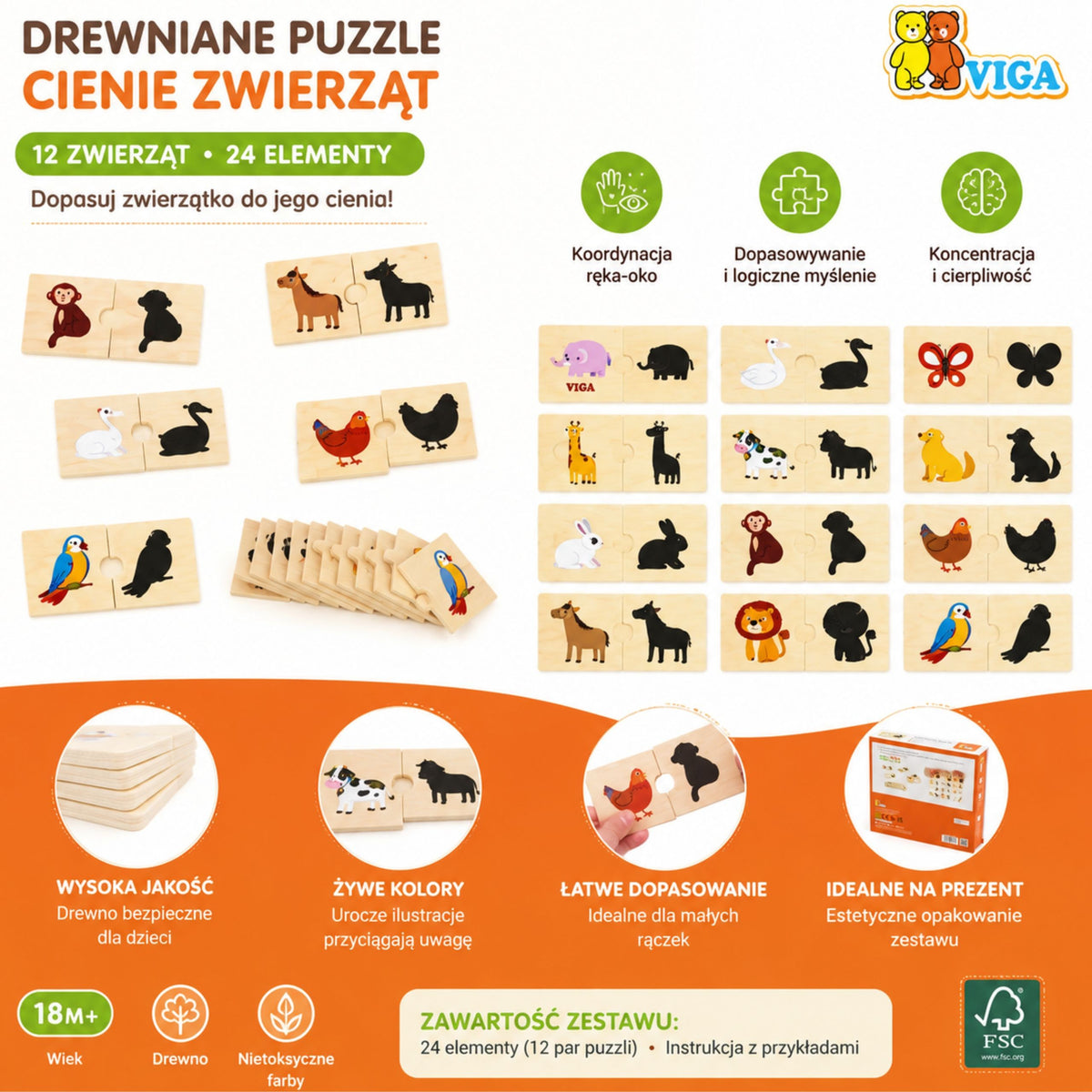 VIGA Zestaw Drewniane Puzzle Układanka Zwierzątka Dopasuj Cienie