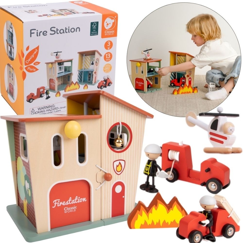 CLASSIC WORLD Remiza Strażacka Drewniana Garaż Auto Helikopter Figurki 13el.