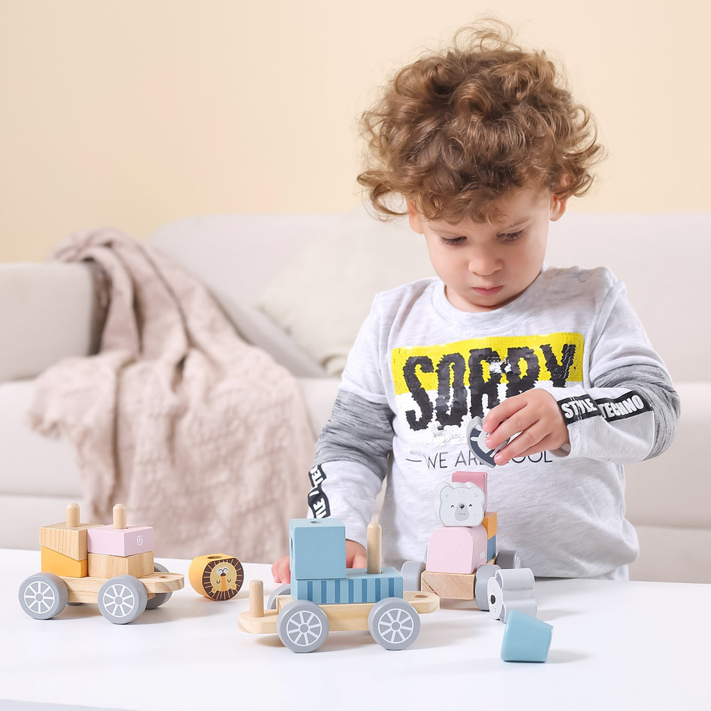 VIGA PolarB Drewniana Kolejka z Wagonikami i Zwierzątkami Do Układania Montessori