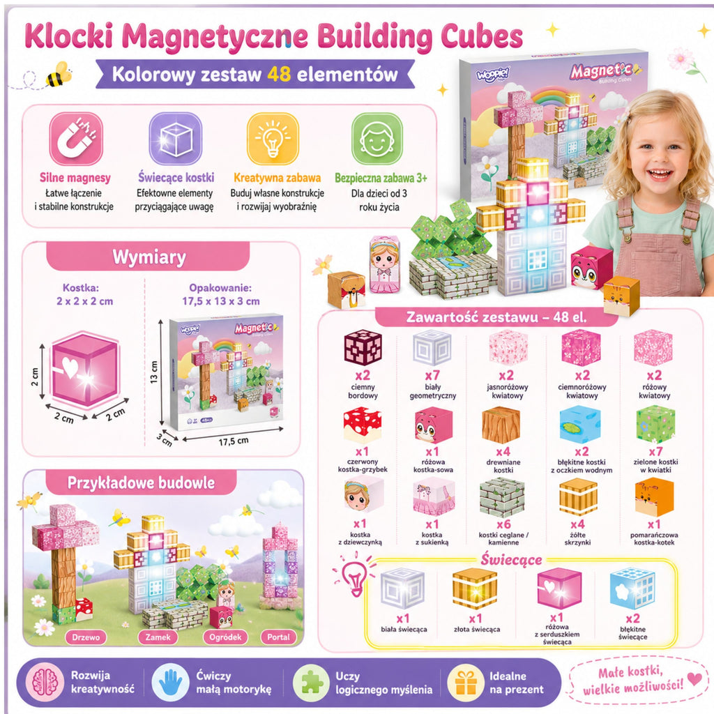 Woopie Klocki Magnetyczne Kostki 48 el Montessori Edukacyjna Układanka 3D