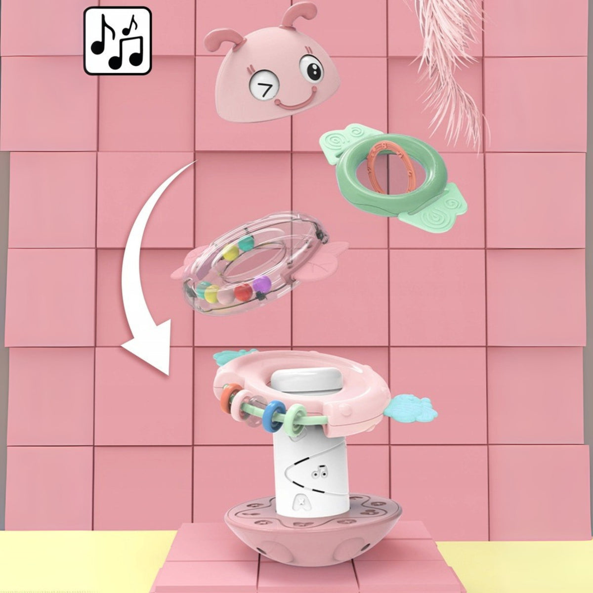 WOOPIE Baby Wańka Wstańka Zabawka Sensoryczna 2w1 Grzechotka Gryzak Różowa