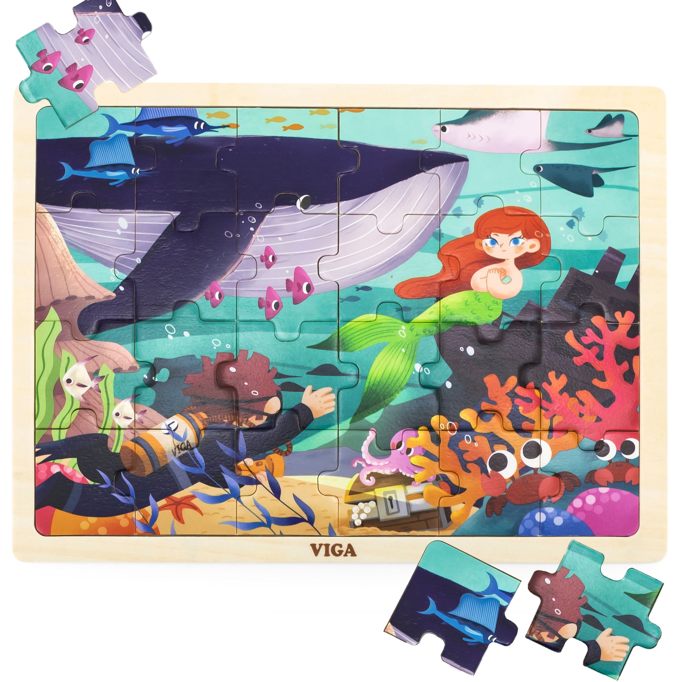 VIGA Drewniane Puzzle Układanka 24 el. Sekrety Morza