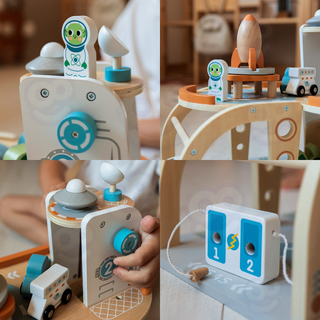 TOOKY TOY Drewniany Kosmiczny Parking  Stacja Kosmiczna