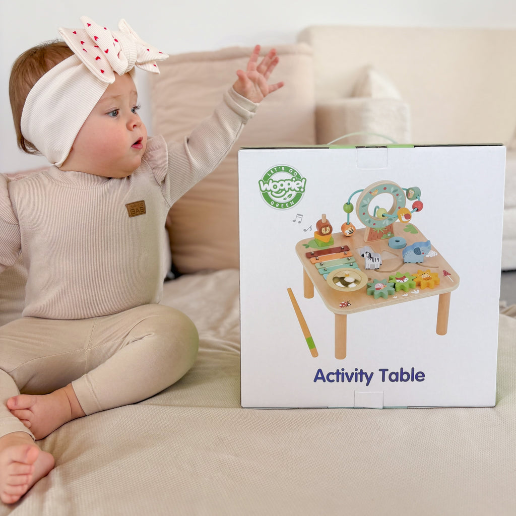 WOOPIE GREEN Drewniany Stolik Edukacyjny Muzyczny Labirynt Sensoryczny 5W1