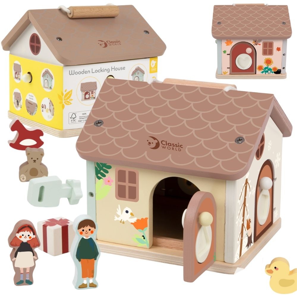 CLASSIC WORLD Drewniany Domek Sensoryczny Edukacyjny z Zamkami Kluczykami 11el.
