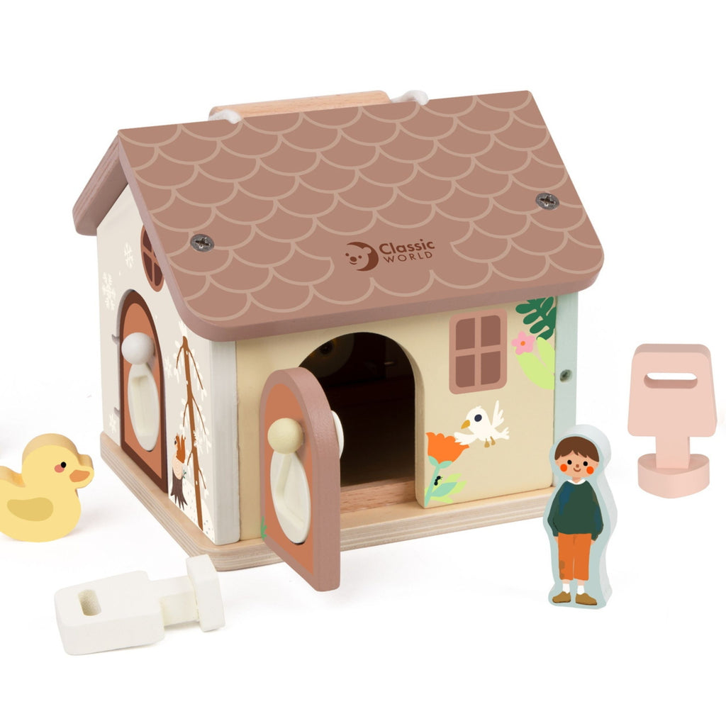 CLASSIC WORLD Drewniany Domek Sensoryczny Edukacyjny z Zamkami Kluczykami 11el.