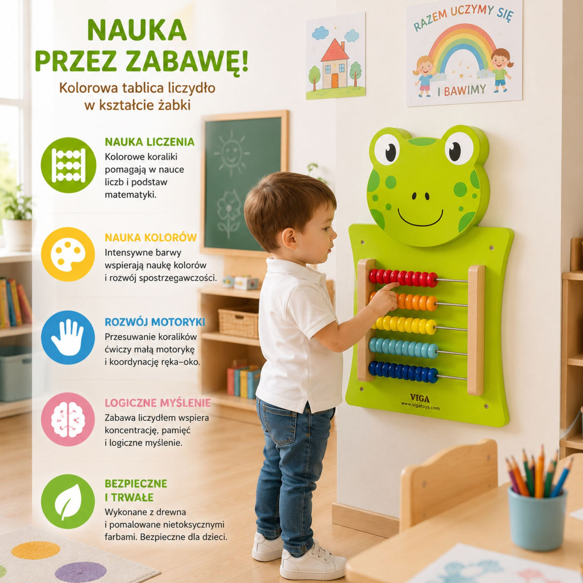 VIGA Drewniana Tablica Manipulacyjna Liczydło Żabka Certyfikat FSC Montessori