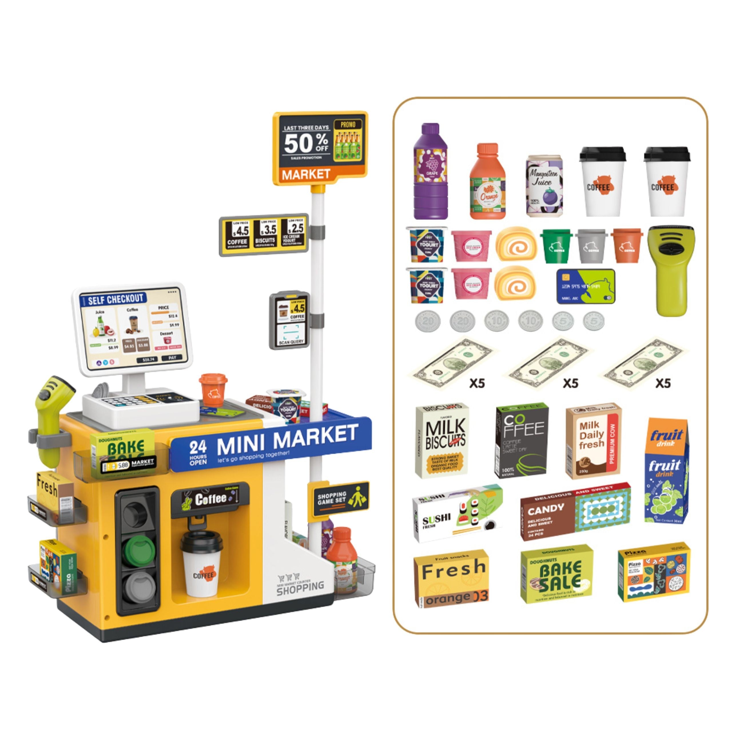 WOOPIE Sklep Mini Market Interaktywna Kasa Skaner Akcesoria Dźwięki Światło