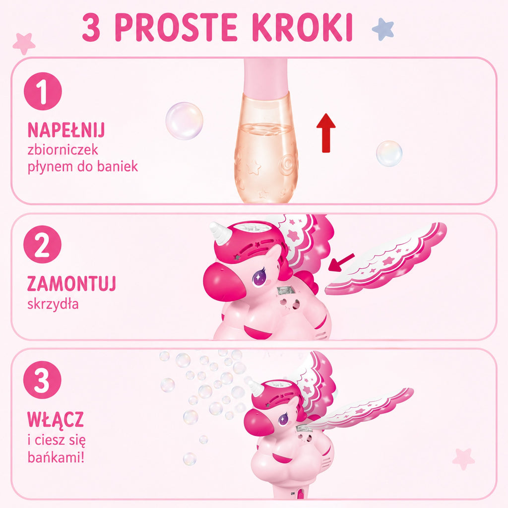 WOOPIE Maszynka do Baniek Jednorożec Pistolet Automat Bańki Mydlane Różdżka