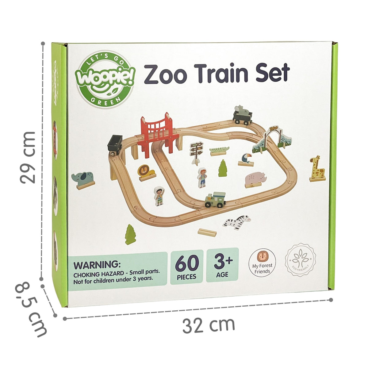 WOOPIE GREEN Drewniana Kolejka ZOO Zestaw XL Pociąg na Magnes Tor 60 el. FSC