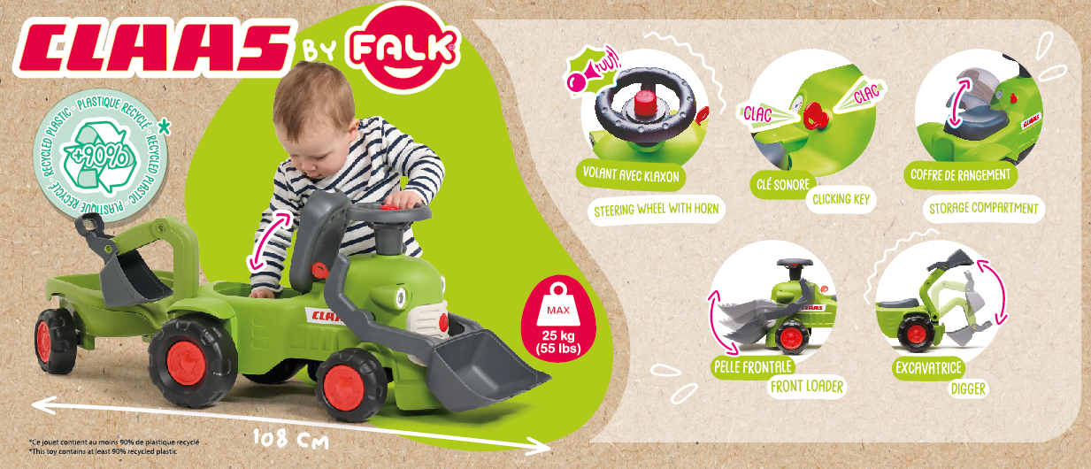 FALK Traktorek Claas Jeździk z Przyczepką Ładowarką i Łyżką