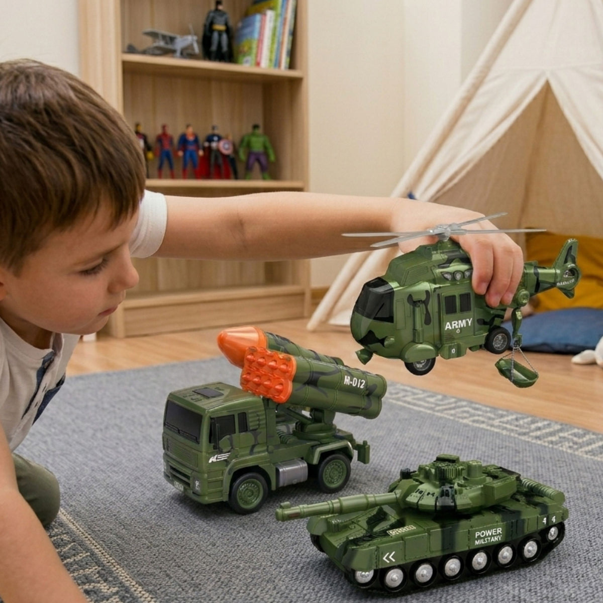 WOOPIE Zestaw Pojazdów Wojskowych z Wyrzutnią Czołg Helikopter 4SZT Skala 1:20