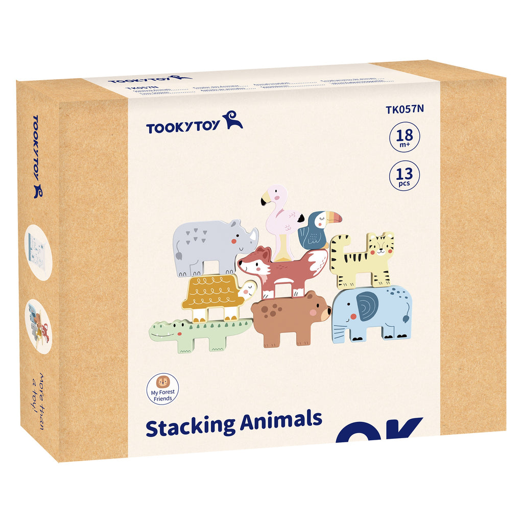 TOOKY TOY Drewniane Klocki Układanka Wieża Stacker Stosy Zwierzątka Montessori 13 el.
