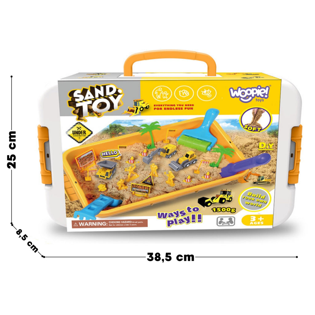 WOOPIE Piasek Kinetyczny 1,5 kg Zestaw XXL Plac Budowy Stolik z Foremkami i Pojazdami