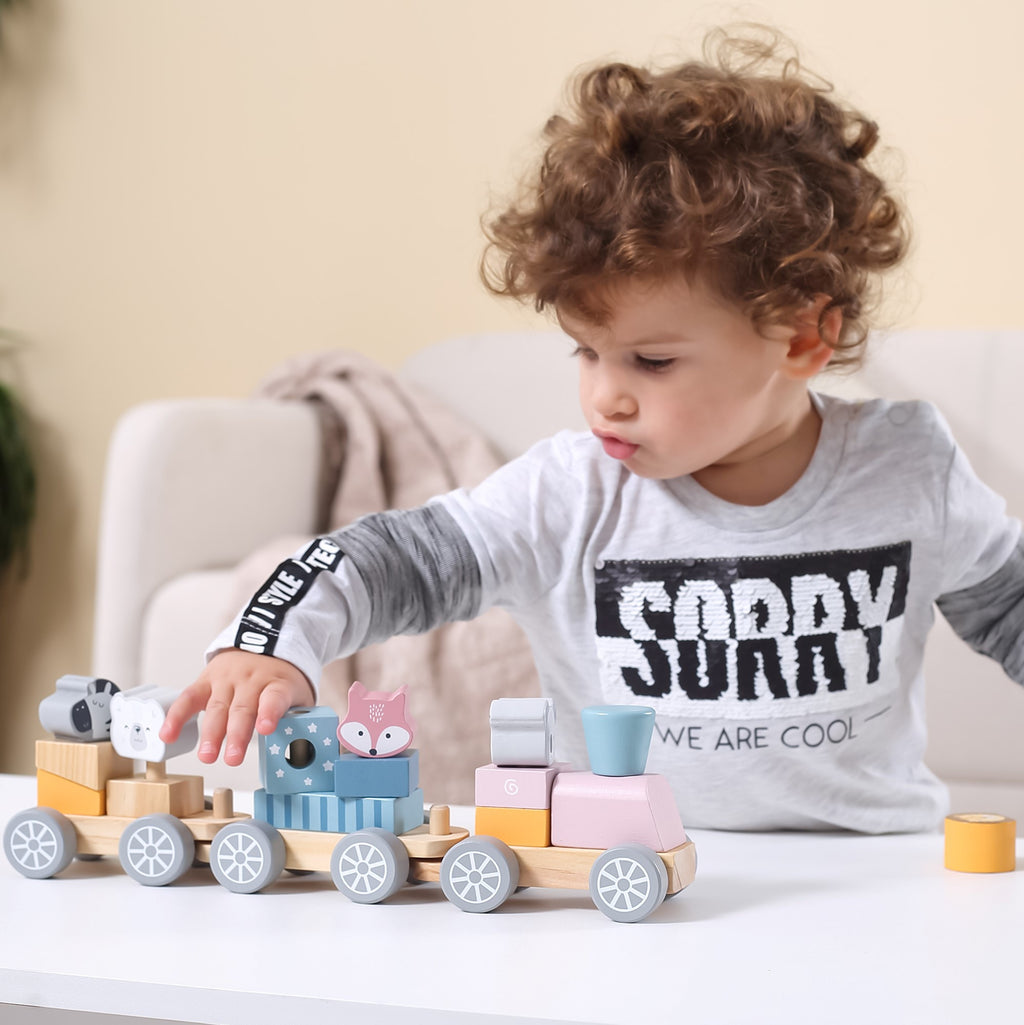 VIGA PolarB Drewniana Kolejka z Wagonikami i Zwierzątkami Do Układania Montessori