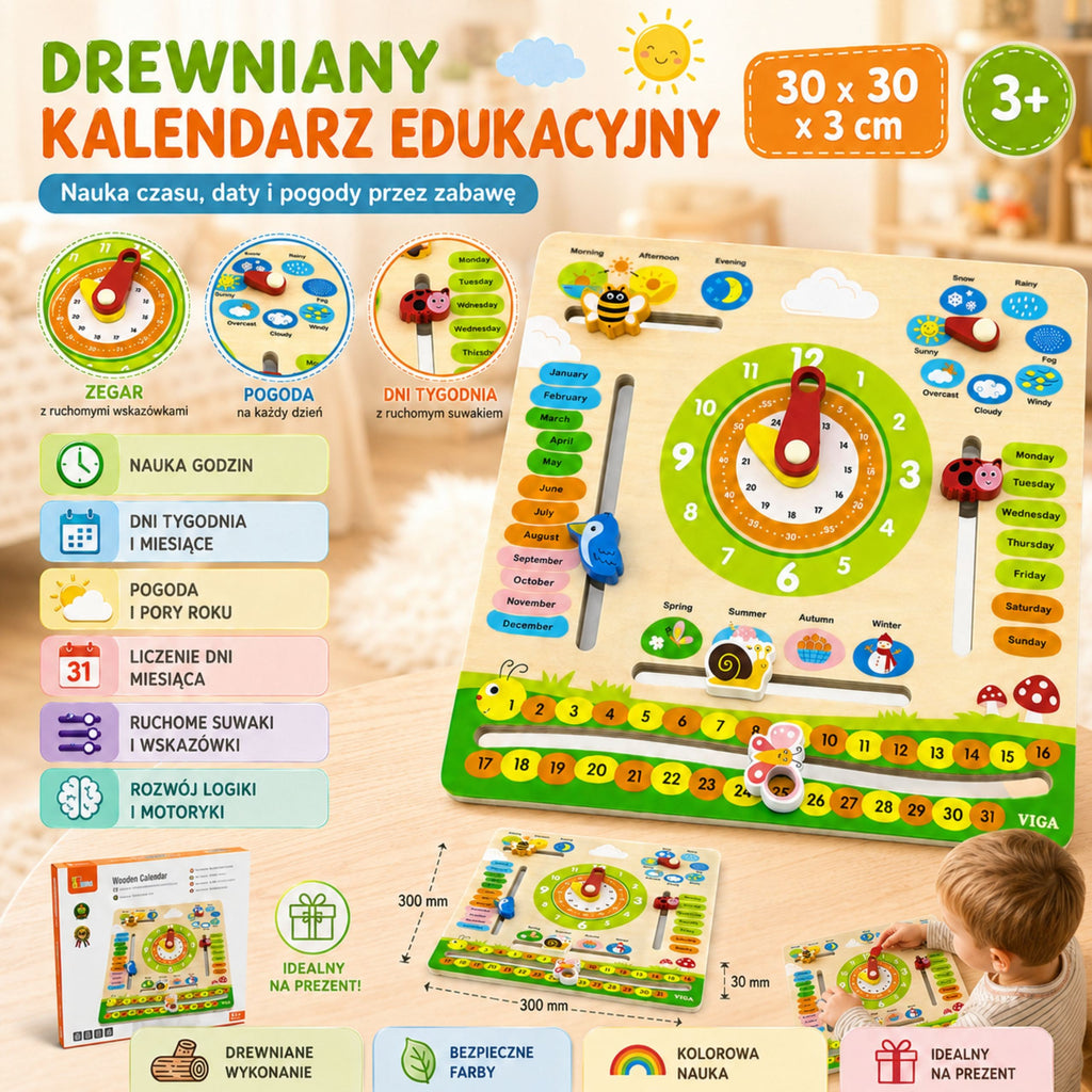 VIGA Drewniany Kalendarz Edukacyjny Zegar Nauka Angielskiego Montessori