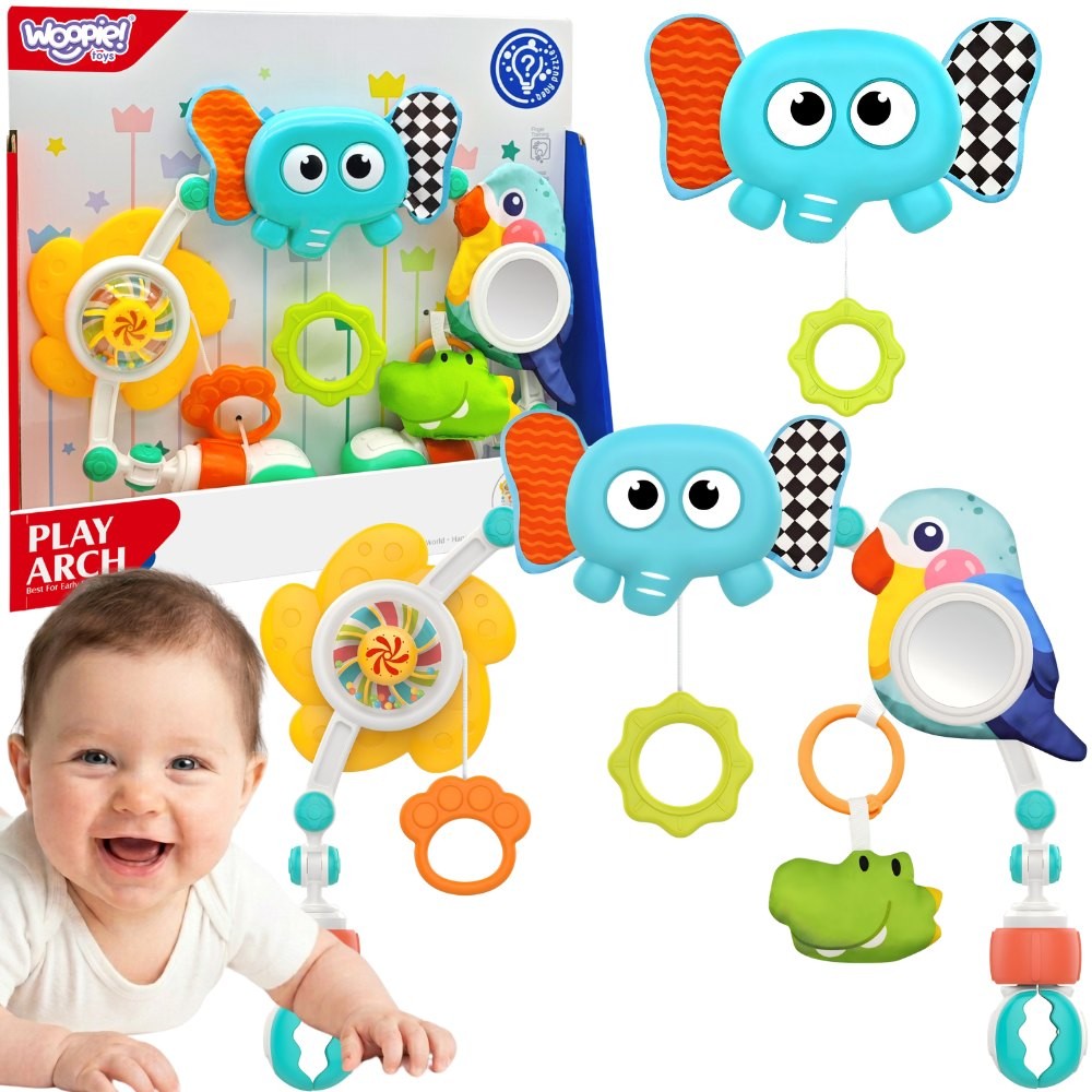 WOOPIE BABY Łuk Sensoryczny Z Zabawkami Do Łóżeczka i Wózka Słoń Papuga