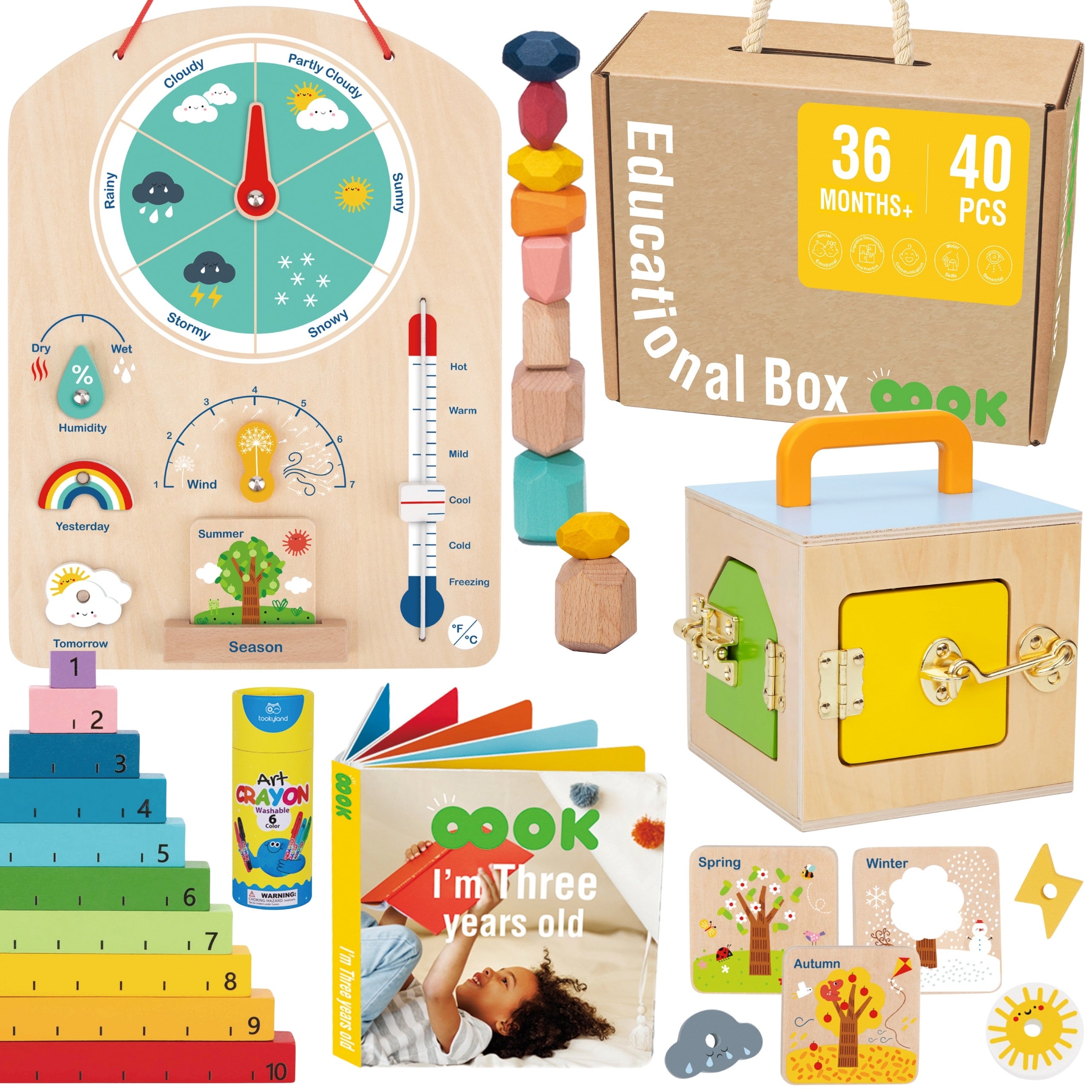 Tooky Toy Edukacyjne Pudełko Montessori Układanka Liczydło Tablica Pogody 6w1 od 3 Lat