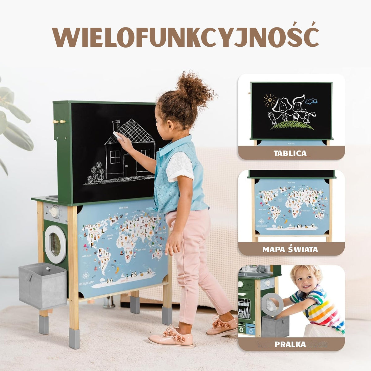 WOOPIE GREEN Drewniana Interaktywna Kuchnia 9w1 z Pralką i Tablicą
