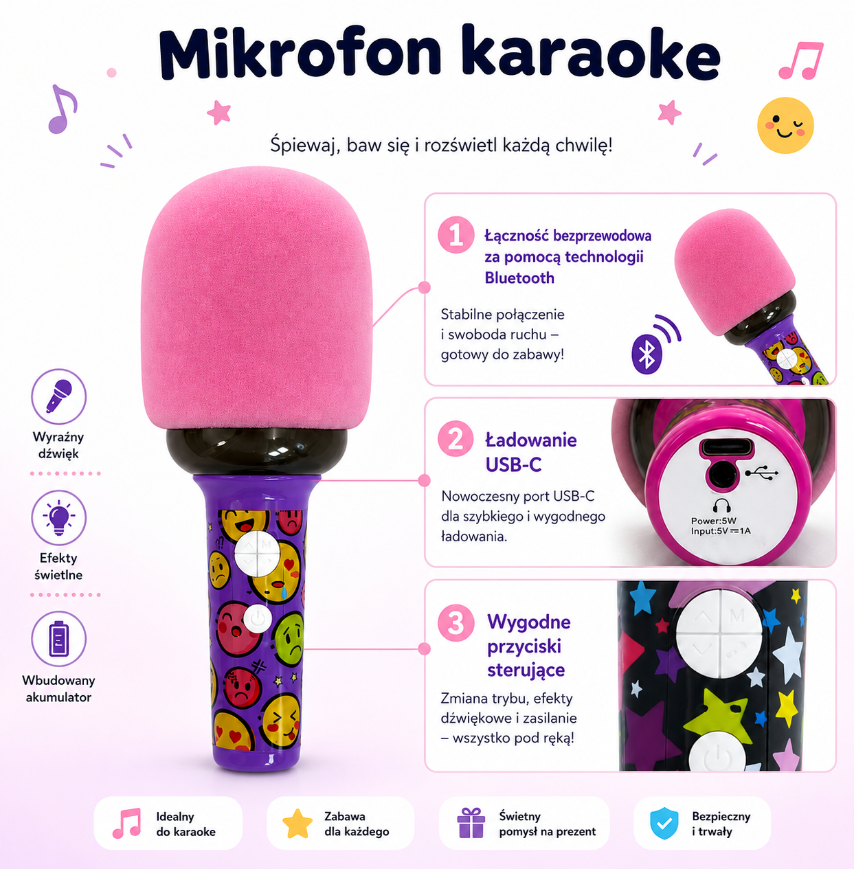 WOOPIE Bezprzewodowy Mikrofon Do Karaoke Z Głośnikiem BT LED Różowy