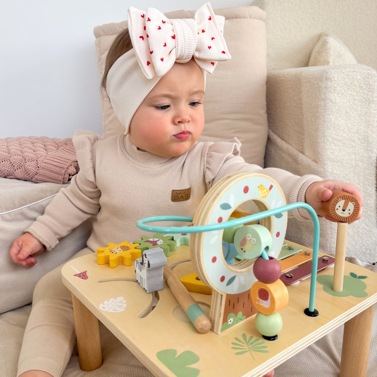 WOOPIE GREEN Drewniany Stolik Edukacyjny Muzyczny Labirynt Sensoryczny 5W1
