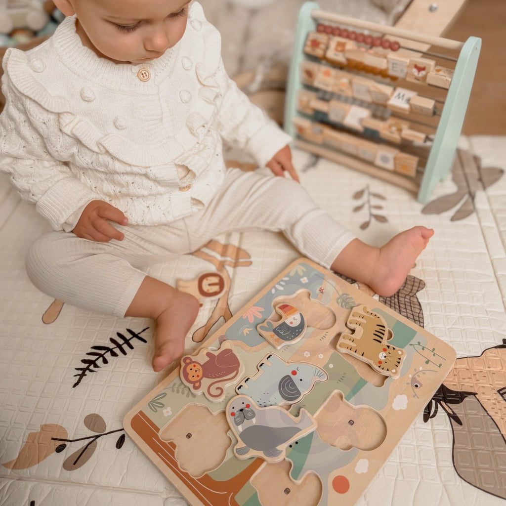 TOOKY TOY Drewniana Układanka Montessori Interaktywne Puzzle Dźwiękowe Dzikie Zwierzęta Safari