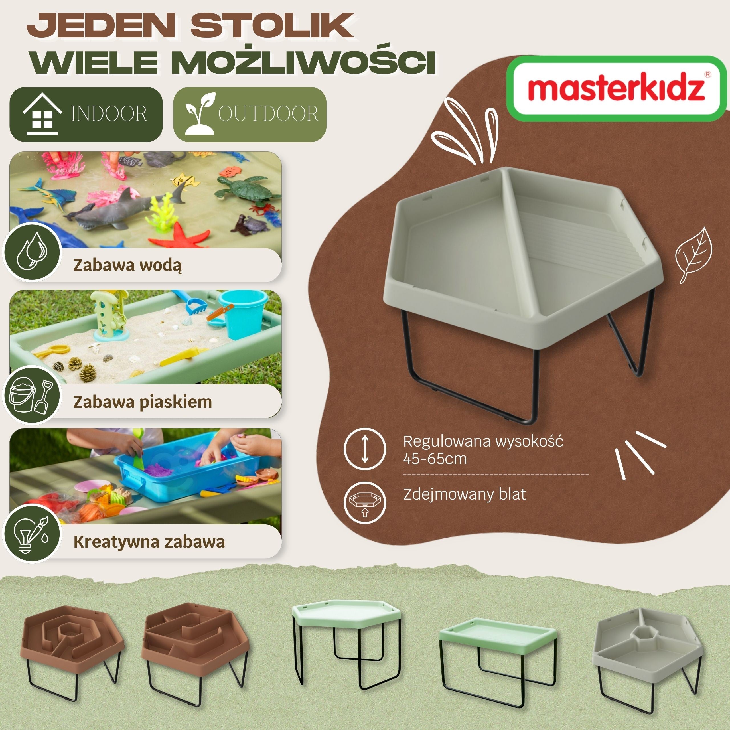 MASTERKIDZ Sześciokątny Stolik Sensoryczny Do Zabawy Piaskiem i Wodą 2 Komory Regulowana Wysokość