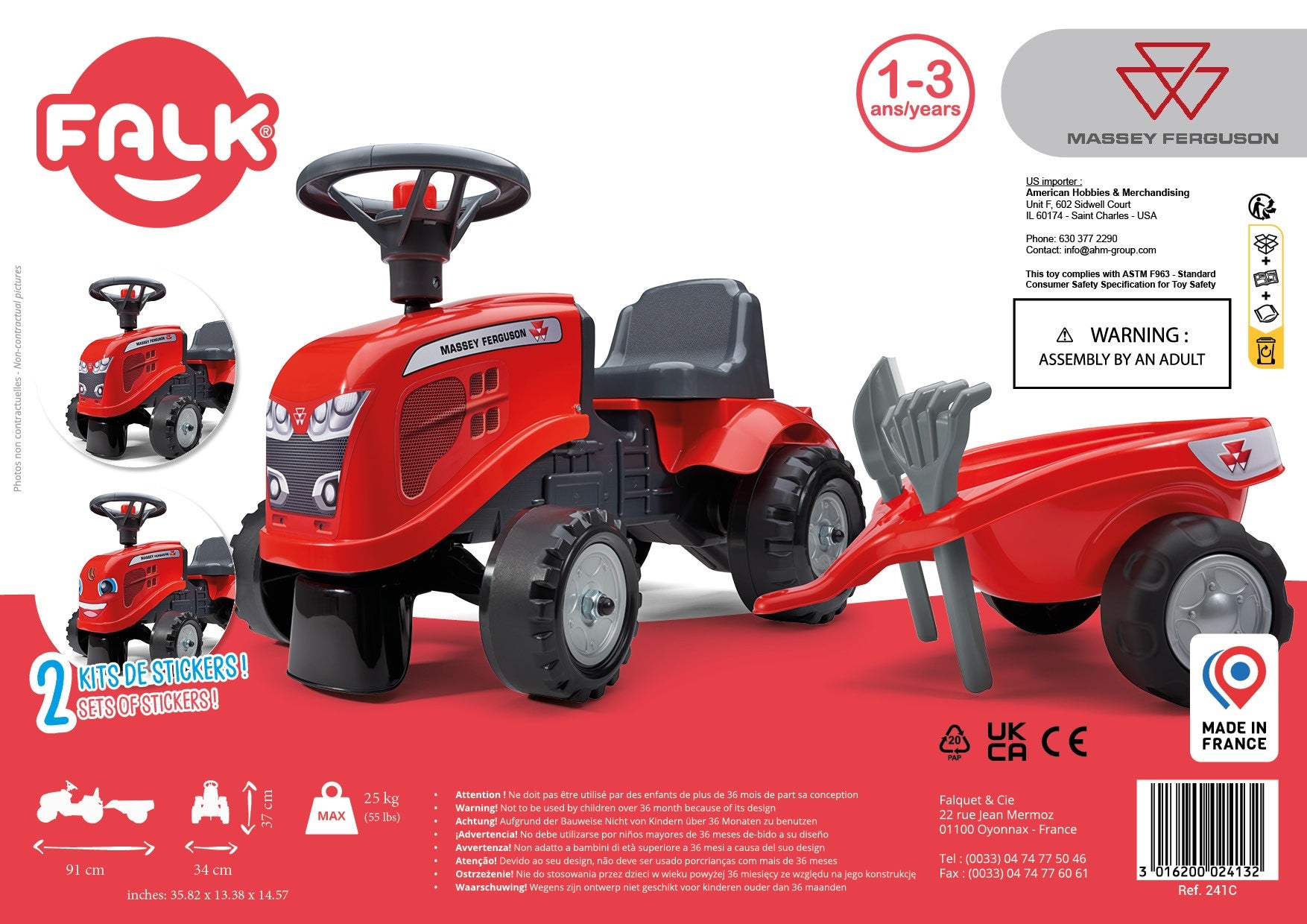 FALK Traktorek Baby Massey Ferguson Czerwony z Przyczepką + akc. od 1-3 lat