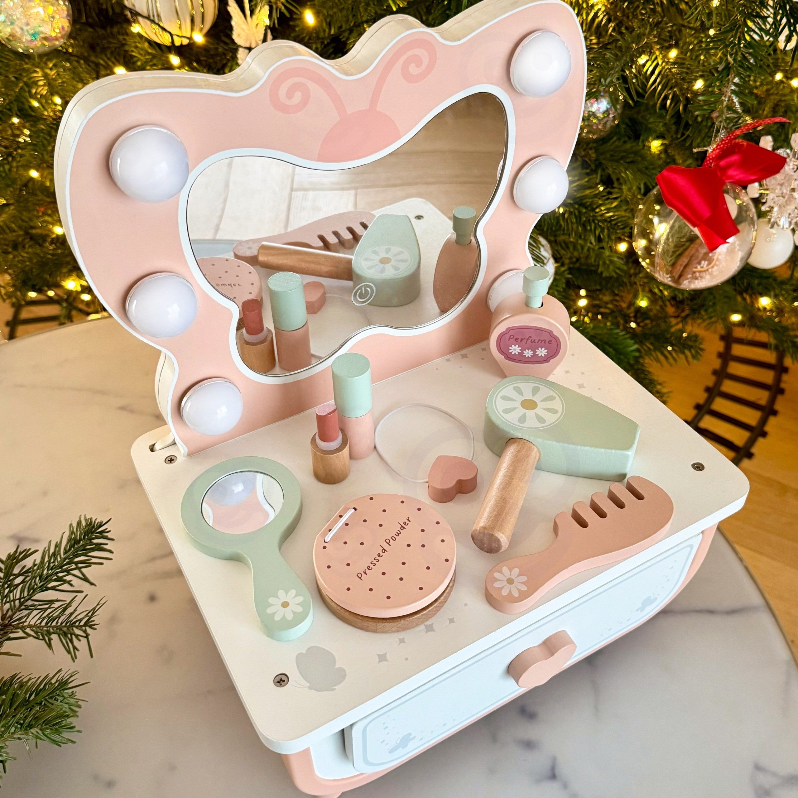 TOOKY TOY Drewniana Toaletka Motylek Akcesoria Lustro z Oświetleniem LED + Kosmetyki