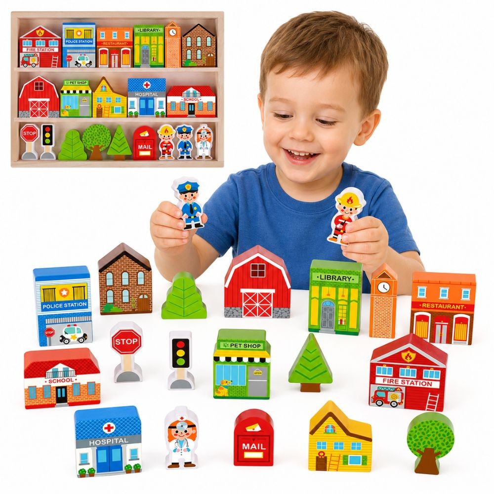 TOOKY TOY Drewniany Zestaw Budynków i Figurek Miasto