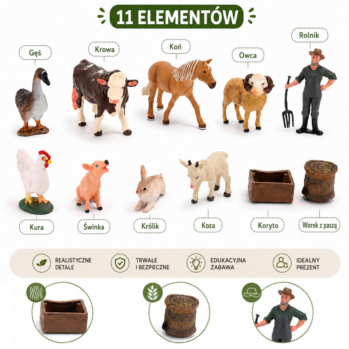 WOOPIE Duży Zestaw Figurek Farma Zwierzęta Gospodarskie Farmer Akcesoria 3+